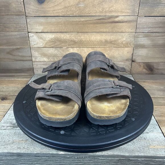 Naot Carly Taupe Nubuck Leather Two Strap Wedge Sandal Womens Sz EU 39 US 8 - Picture 2 of 10